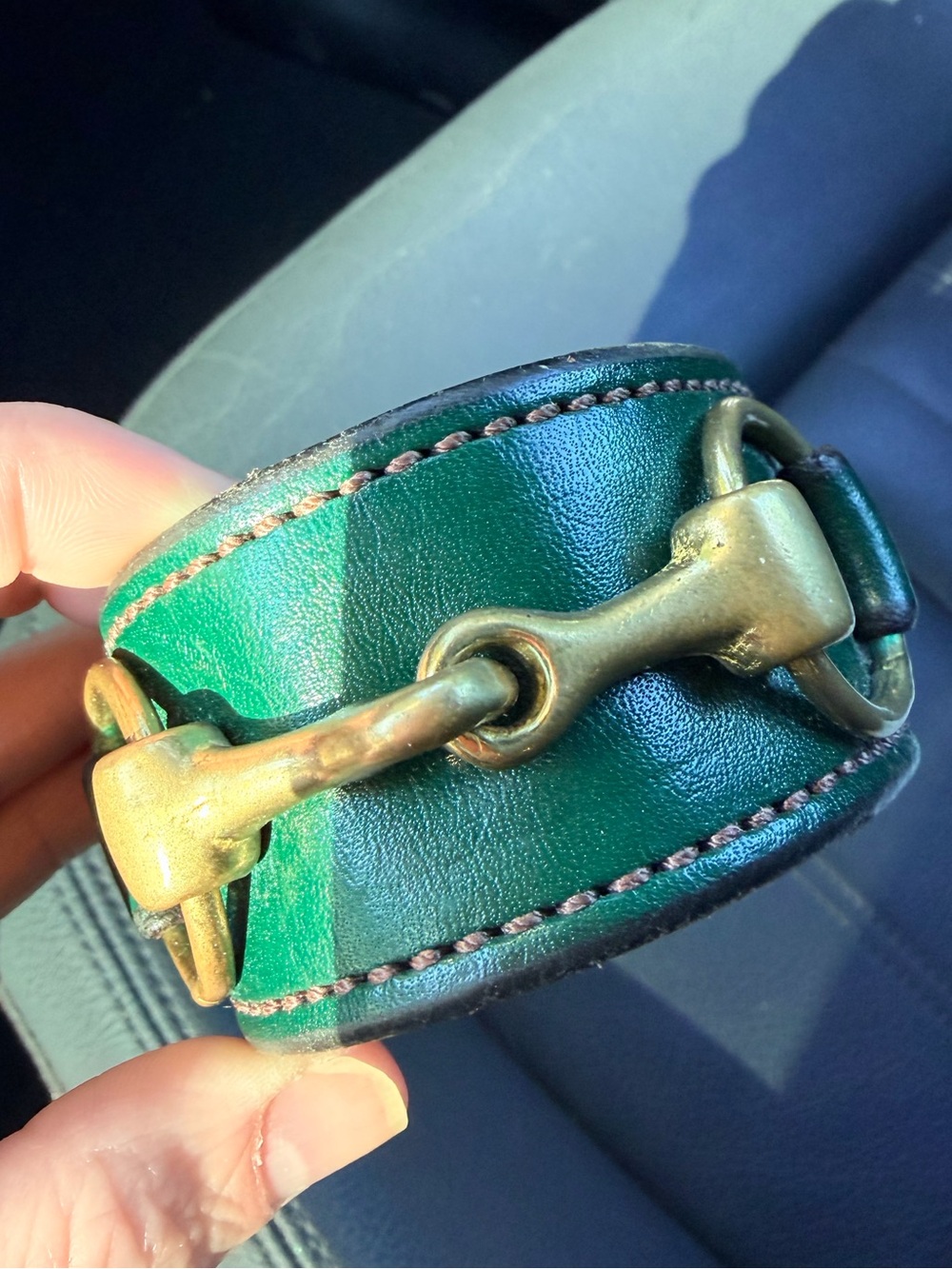 Vintage Rebecca Ray Green Leather Horse Bit-Accent Cuff Bracelet
